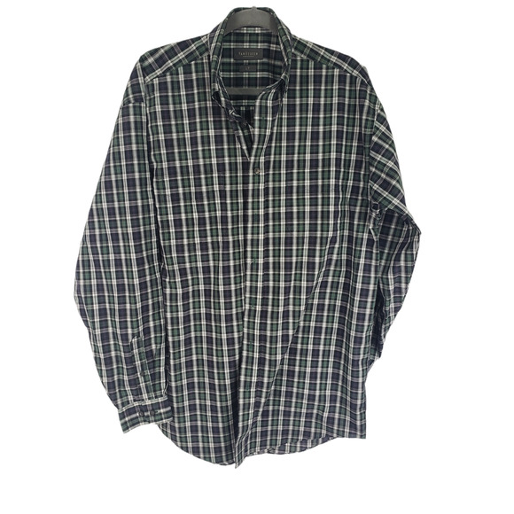 Van Heusen Men's Green/Blue Plaid Button Cuff Collar Shirt Mens sz. LT - Picture 1 of 3